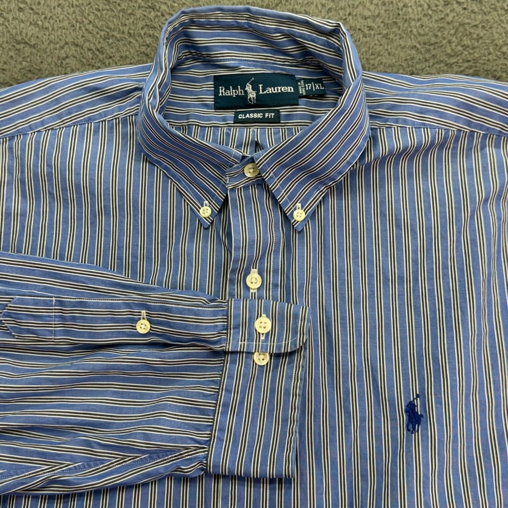 Polo Ralph Lauren Classic Fit Striped Button Down Shirt Mens 17 XL Blue‎ White